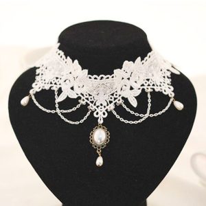 Steampunk choker ketting kant wit 1